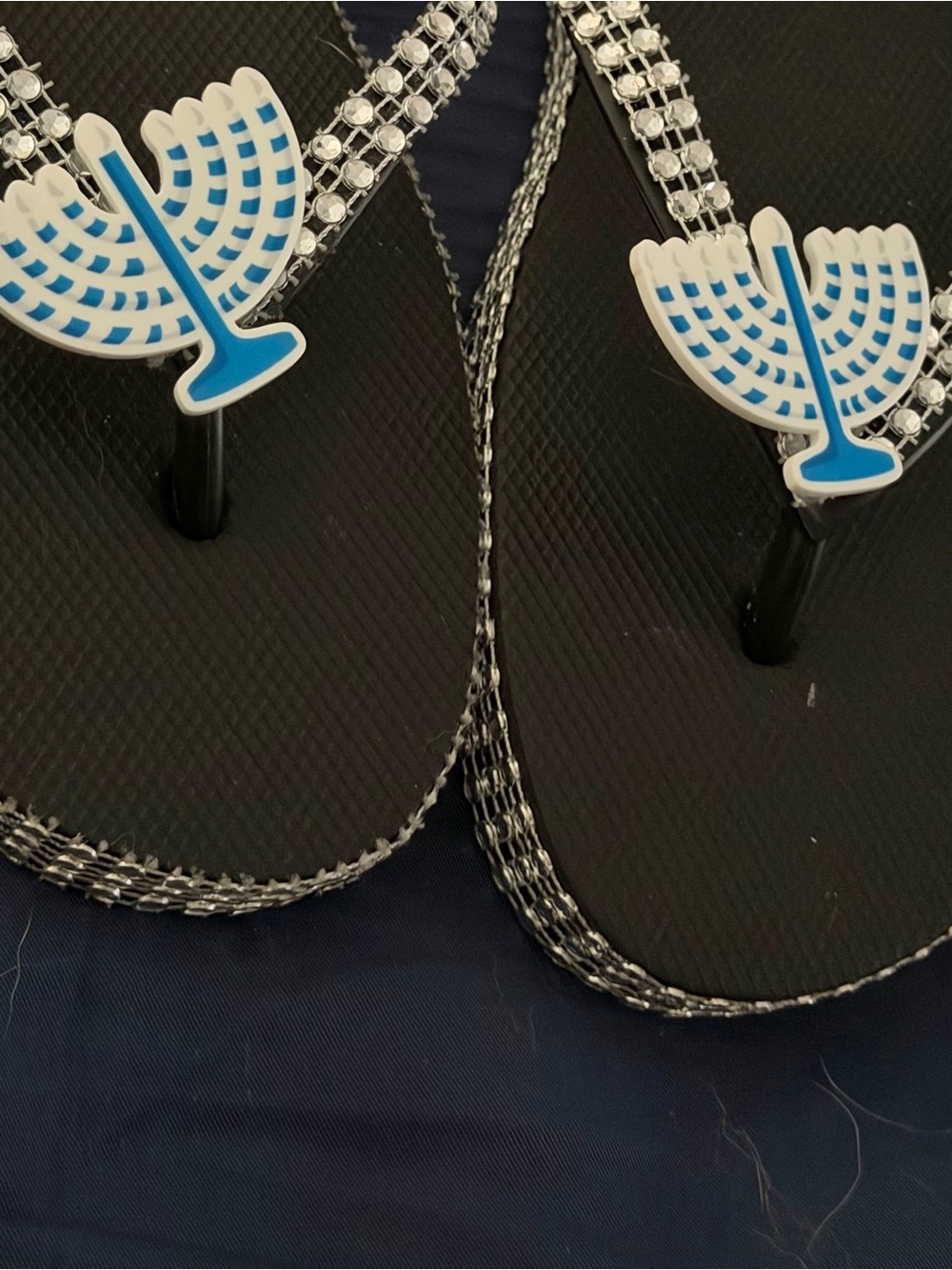 Black Flip Flop Sandals with menorah Accent